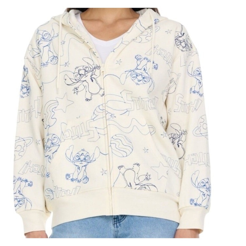 Disney Stitch Embroidered Cream Blue Hoodie Jacket  NWT ‎ L SALE